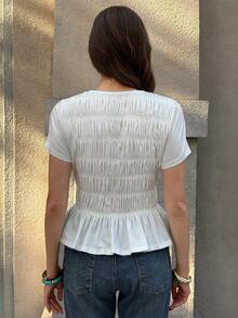 Solivie Women's Casual Short Sleeve Ruffle Hem T-Shirt, Summer White Smocked Top White Ruffled Top - White - View 2