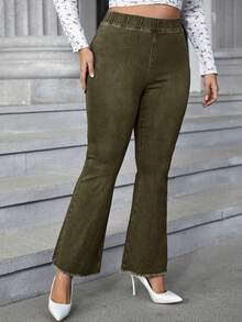 EMERY ROSE Plus Size Casual Everyday Washed Frayed Elastic Waist Flare Jeans - Dark Green - View 6