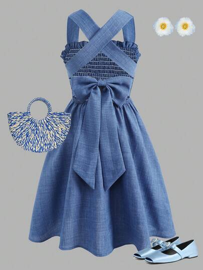 SHEIN 少女休闲荷叶边蝴蝶结后背装饰连衣裙