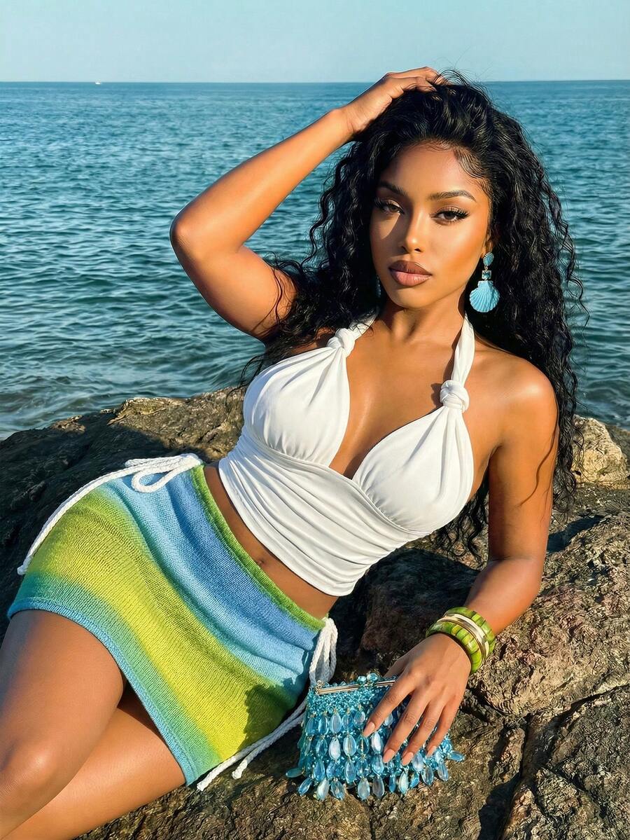 Slaydiva Nuevo conjunto de dos piezas de primavera/verano con estilo sexy y bohemio: top de tirantes anudado en color blanco + minifalda de punto de rayas de colores. Adecuado para el Día de San Valentín, citas, fiestas, reuniones, vacaciones, estilo nómada, playa, mar, conciertos, salidas diarias, Año Nuevo, celebraciones, brunch, invitada de boda, temporada de bodas-Z - Multicolor - Ver 1