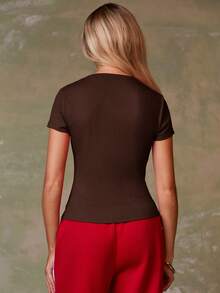 Athîral Women's Solid Color Single-Breasted Fitted Casual Daily Wear Short Sleeve Top - Brown - View 6