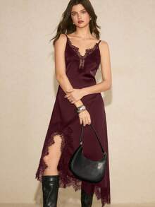 Poéselle Đầm maxi nữ màu trơn phối ren xẻ cao - Cà phê nâu - Xem 5