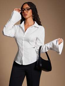 Radiana 女士休闲简约白色条纹衬衫，后腰系带，百搭商务正装，长袖优雅上衣，适合日常穿着、通勤、办公、秋冬季叠穿。 - 白色 - 查看 3