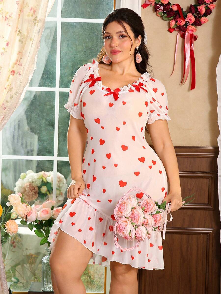 SHEIN Plus Size Romantic Floral Heart Bow Nightgown - Multicolor - View 1