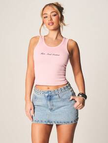 MISSGUIDED Hot And Insane 印花罗纹露脐背心 夏季节日休闲无袖圆领修身基础款T恤 - 粉色 - 查看 4