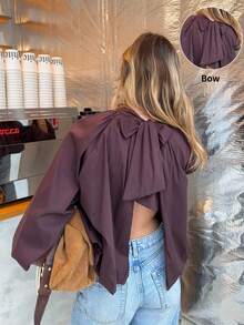 Serisse 女士优雅纯色系带长袖衬衫，法式酒红色蝴蝶结露背上衣，花苞图案上衣，紫红色上衣，法式优雅复古上衣，显瘦优雅百搭，适合春季、春假、海滩、夏季、外出、度假休闲、情人节、假日度假等场合。 - 中紫紅色 - 查看 1