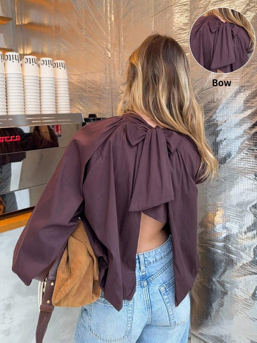 Serisse 女士优雅纯色系带长袖衬衫，法式酒红色蝴蝶结露背上衣，花苞图案上衣，紫红色上衣，法式优雅复古上衣，显瘦优雅百搭，适合春季、春假、海滩、夏季、外出、度假休闲、情人节、假日度假等场合。 - 中紫紅色 - 查看 1