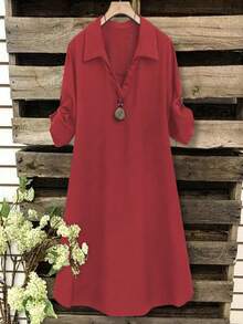 SHEIN Tall CURVE Đầm mùa hè cổ chữ V tay ngắn phong cách Pháp cỡ lớn dành cho nữ - Đỏ - Xem 1