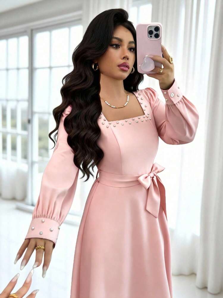 Rafferiza Elegant Burgundy Pearl Decor Vintage Square Collar Puff Sleeve Cinched Waist Ankle-Length Dress, Suitable For Formal Occasions, Weddings, Parties, Daily Wear, Autumn/Winter Elegant Pink Dress Pink Elegant Dress Curve Elegant Dress,Outdoor Clothing, Spring And Summer Clothing - Pink - View 6