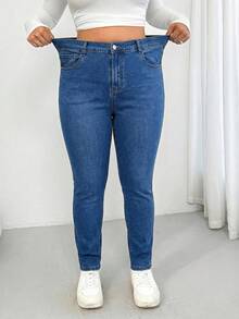 Enliva Plus Size Women's Solid Color Casual High Stretch Jeans, For Apple And Rounded Body Shape - Medium Wash - View 4
