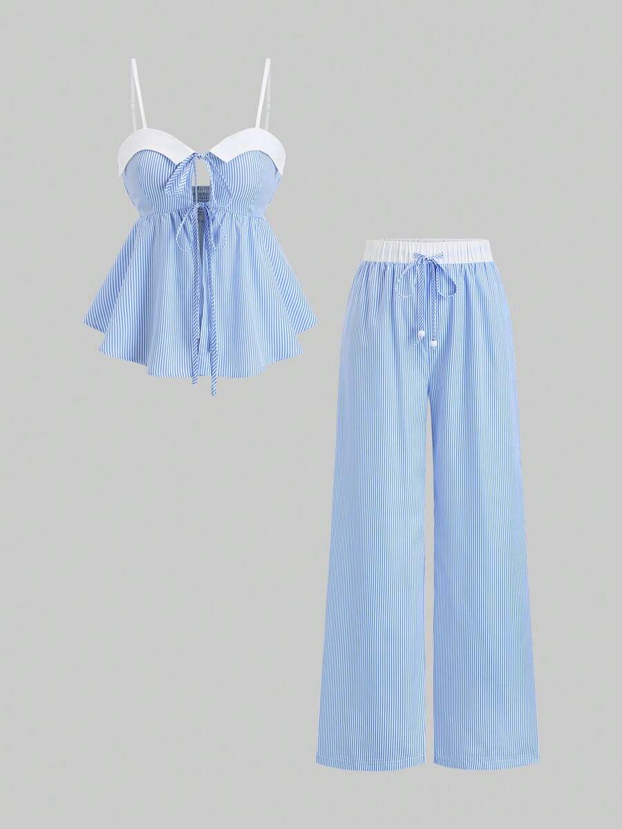 Sweetra 女士蓝色条纹休闲百搭通勤吊带背心和阔腿裤两件套，春夏款 - 藍白色 - 查看 1