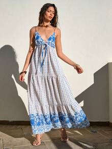 Bóhologie 女士蓝色碎花波西米亚风长裙 – 无袖吊带夏季连衣裙，复古层叠印花常规款长裙，度假沙滩装 - 藍色 - 查看 3