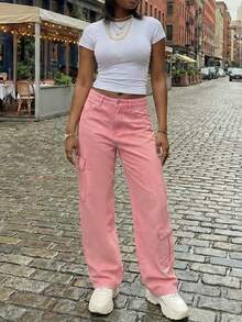 SHEIN ICON Quần jeans nữ màu trơn đơn giản, phong cách thường ngày - Hồng - Xem 4