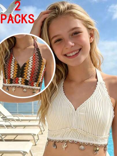 Girls Halter Neck Bikini Top, Pleated Fabric In Beige, Simple Solid Color With Shell Decor At Hem, Suitable For Vacation And Beach. Colorful Woven Texture Patchwork, Infusing Boho And Elements For A Vintage And Exotic Look. Applicable Scenes: Beach Vacation, Leisure On The Sand