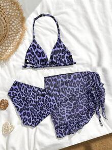 SHEIN Bộ bikini cho bé gái tuổi teen, kiểu dáng thường ngày, màu tím in họa tiết da báo, chất liệu dệt kim, gồm ba mảnh: Áo + Quần + Váy. Thời trang, thoải mái, tinh tế và thanh lịch, hoàn hảo cho các quý cô. Lý tưởng cho bơi lội, kỳ nghỉ hè, đi biển, các hoạt động bên hồ bơi, các buổi tiệc mùa hè và những chuyến đi chơi thư giãn. Bikini in họa tiết da báo, Bikini in họa tiết động vật, Màu tím, Bikini da báo, Đồ bơi in họa tiết da báo, Áo tắm in họa tiết động vật, Áo tắm da báo. - Màu tím - Xem 2