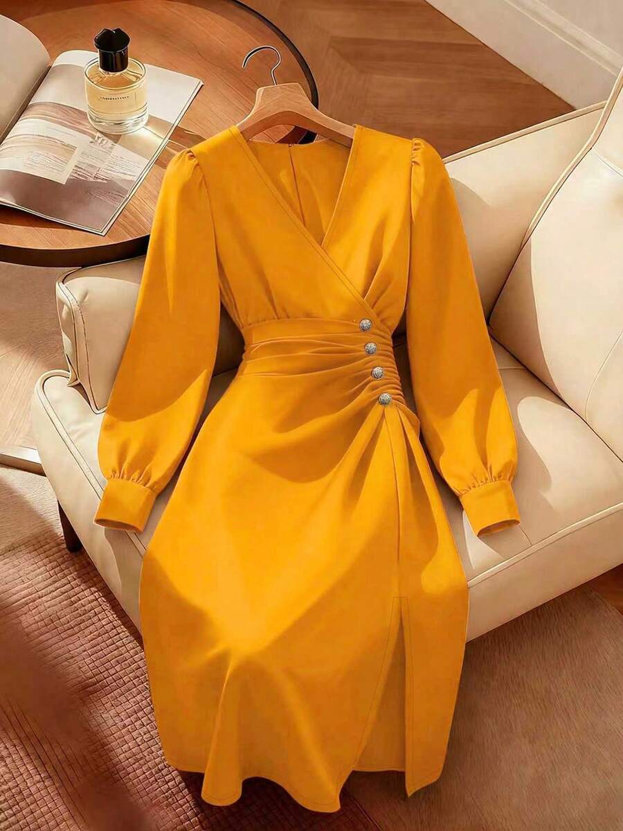 SHEIN LUNE Neues burgunderrotes plissiertes Kleid mit geraffter Taille, elegant für Frauen - Gelb - Übersicht 1
