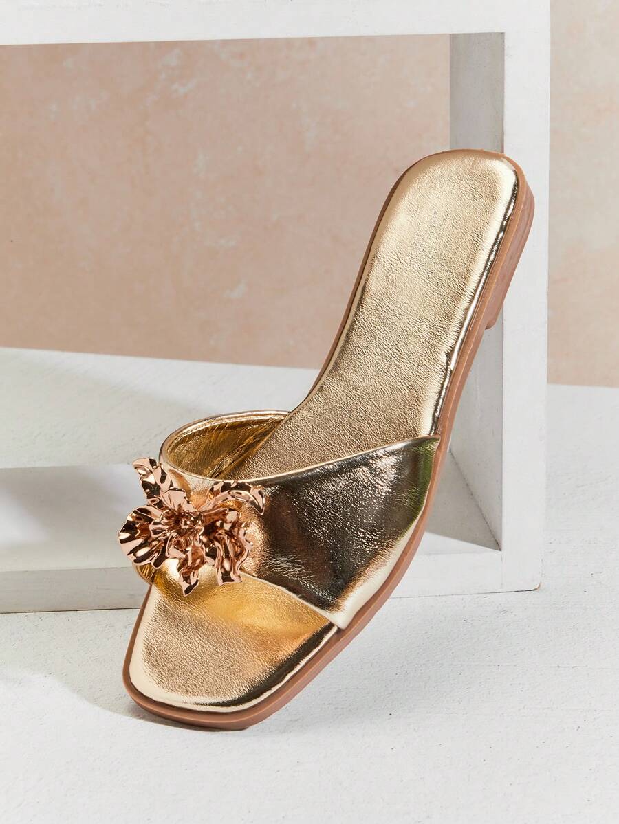 Solezae Sandali piatti comodi e alla moda da donna con decorazione floreale - Dorato - Visualizzare 1