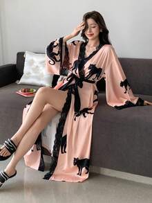 DAZY Bata larga y holgada de mujer con estampado animal, color contrastante y aplicaciones de encaje - Rosa - Ver 3