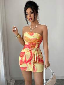 Elenzga Women's Summer New Beach Vacation Set, Knitted Floral Pattern Drawstring Bandeau Top + Bodycon Mini Skirt, 2 Piece Set - Pale Yellow - View 4