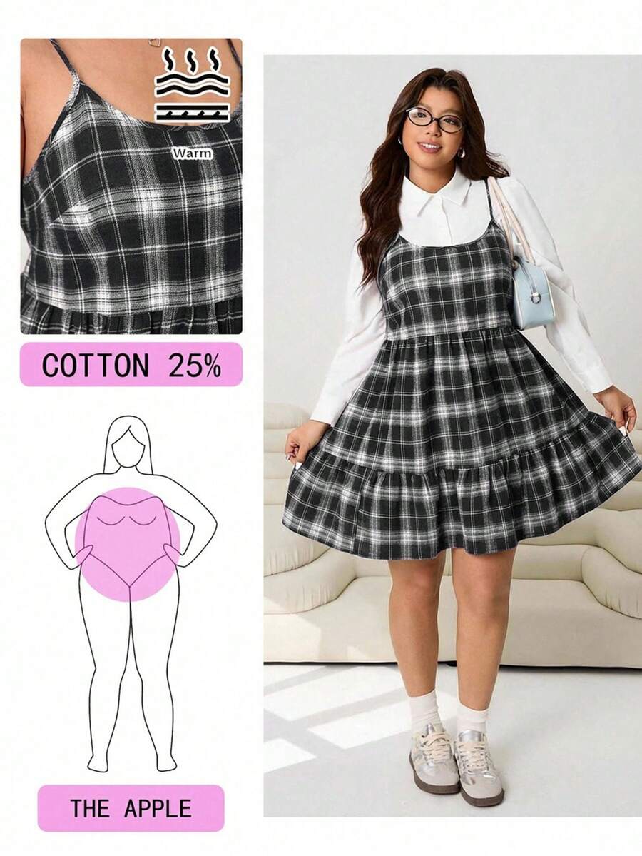 Solflare New Casual Slip Dress With Ruffle Hem, Suitable For Outing, Daily, Party, Commute, Back To School, Date, Home, Birthday Party And Multiple Occasions, Cotton Blend, Large Plaid Pattern In Black And White, Plus Size - Black and White - View 1