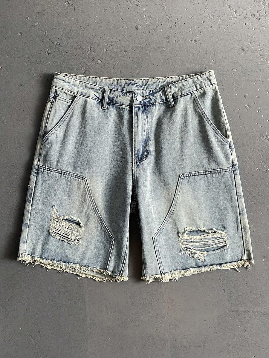 StoneGrade Bermudas de mezclilla holgadas con dobladillo crudo y desgastado para hombres - Lavado ligero - Ver 1