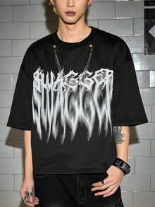 ROMWE MEN Grunge Punk 男士荆棘深色字母装饰圆领链条短袖T恤 - 黑色 - 查看 3