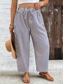 SHEIN VCAY Plus Size Casual Fashion Paper Bag Waist Loose Striped Pants For Women - Blue - View 5