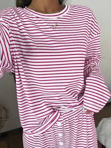 SHEIN Women's Casual Striped Print Loose Fit Round Neck Long Sleeve Pajama Set - Multicolor - View 5