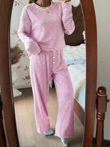 SHEIN Women's Casual Striped Print Loose Fit Round Neck Long Sleeve Pajama Set - Multicolor - View 6