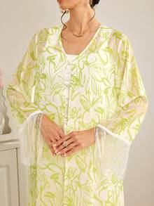 Al Najma Women's Elegant All-Over Print V-Neck Tassel Arabic Abaya Robe - Yellow - View 7