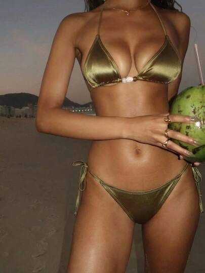 Aloruh Women's Olive Green Solid Color Bikini Set, Elegant Sexy Mini Triangle Cup Beaded Bohemian Style Satin Material Glamorous Party Music Festival Beach Vacation Outfit Swimsuits For Women Bathing Suits For Women Women's Swimsuit Elegant Women's Beach Swimsuit Women's Swimwear Swimwear For Women Swimsuit For Women Swimming Costume Women Women's Bikini Women's Bikinis Bikini Set For Women Women's Beach Bikinis Elegant Women's Bikini
