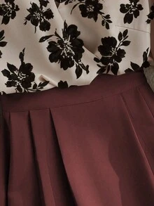 Franclia Elegant Fashion Printed Blouse And Pleated Midi Skirt 2 Pieces Set, Suitable For Layering Or Standalone, Autumn/Winter - Burgundy - View 7