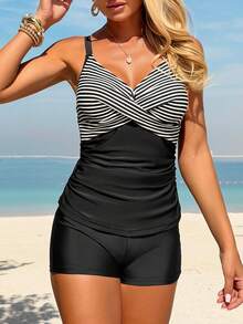 Swim Lushoire Swim Chic Sea-D Women Black & White Striped Adjustable Strap Tankini Bikini Set - Black and White - View 8