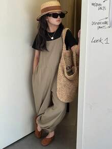 DAZY 少女休闲纯色圆领短袖T恤和宽松连体裤套装，夏季 - 黑色 - 查看 1