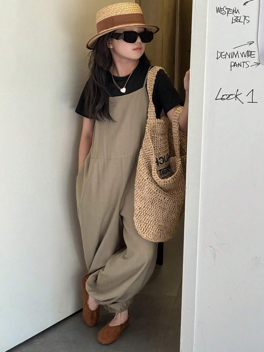 DAZY 少女休闲纯色圆领短袖T恤和宽松连体裤套装,夏季 - 黑色 - 查看 1
