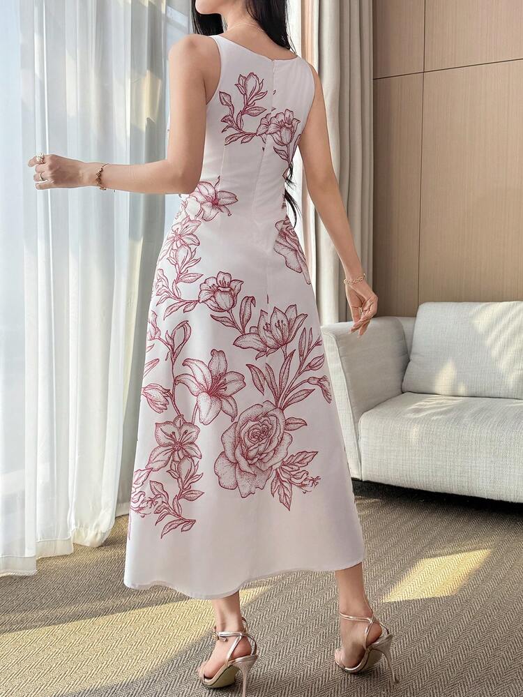 Women's Elegant Floral Print Round Neck Sleeveless Mid-Length Dress, Summer Wedding Guest Dress Sundress Cocktail Dress