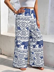 SHEIN Frenchy 女士休闲弹力腰带大象印花长裤，适合夏季度假 - 藍白色 - 查看 6