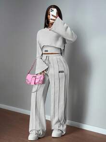 Slaydiva 2025 Autumn/Winter Casual All-Match Versatile Streetwear & Commute 2-Piece Set: Long Sleeve Sweatshirt & Pants, Women's Solid White & Gray Outfit Tall Two Piece Set Brunch 2 Piece Set Wide Leg Pants Set Grey Two Piece Set - Grey - View 4