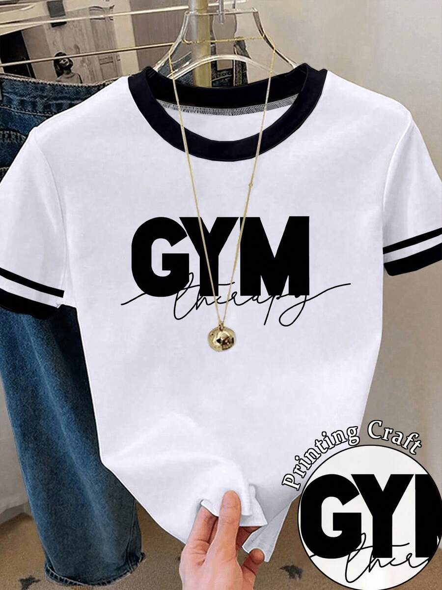 Resyla Women's Letter Print Contrast Color Round Neck Short Sleeve T-Shirt - Multicolor - View 1
