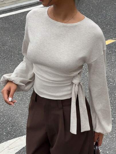 Siren Gaze Damen-T-Shirt in Unifarbe mit Rundhalsausschnitt, Laternenärmeln und seitlichem Knoten, Drop-Shoulder