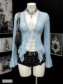 EgrlEra Women's Sexy Contrast Lace V-Neck Lace Trim Blouse - Blue - View 1