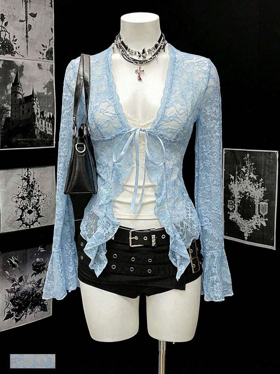 EgrlEra Women's Sexy Contrast Lace V-Neck Lace Trim Blouse - Blue - View 1