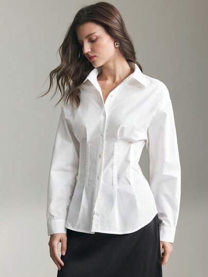 Ontre 2026ss Women's Milky White Comfortable And Skin-Friendly Charmeuse Fabric Fitted Waist Design Dropped Shoulder Long Sleeve Shirt, Modern Urban Fashion Business Casual Office Wear, Low-Key Elegant High-End Commuter Airport Cruise Ship Middle East Wedding Guest, Minimalist Luxurious Feel, Versatile Seasonal Casual Series Design Valentine's Day Special Design High-End, Elegant, Old-Fashioned Cruise Attire For Wedding Guests High-End, Elegant, Formal Blouses For Women