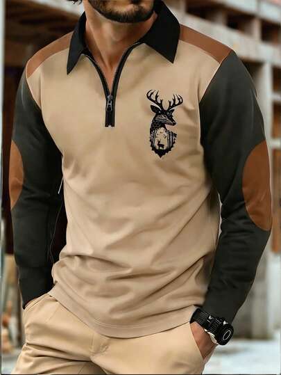 Manfinity Homme Men's Half Zip Deer Print Polo Shirt, Beige/Brown/Brown Khaki Color Block, Fashionable And Versatile For Daily Wear