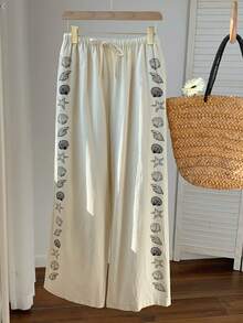 Comfortcana 女士夏季抽绳腰带海星贝壳印花休闲百搭阔腿裤，适合日常穿着 - 杏色 - 查看 3