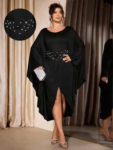 Cravure Elegant Plus Size Black Party Dress With Pearl Details Round Neck Batwing Long Sleeve Asymmetrical Hem Knee Length Bodycon Knitted Fabric - Black - View 6