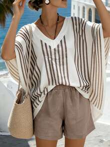 SHEIN Holidaya 2026 Spring/Summer New Relaxed White & Brown Striped Batwing Cover Up And Light Brown Shorts, Lazy Beach Vacation Spring/Summer Fashionable And Versatile Casual Loose-Fitting Short-Sleeved Khaki Striped T-Shirt And Shorts; V-Neck Casual Outing Top And Solid Color Shorts Summer Outfits For Women  Spring Clothes Women Spring Break Outfits Spring Outfit Beach Outfits For Women Beach Shorts Beach Outfits Beach Pants  Going Out Tops For Women Vacation Outfits Women Holiday Outfits For Women Summer Ho - Khaki - View 4