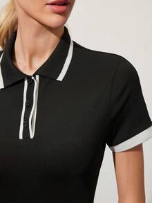 SHEIN Sports 女士撞色 Polo 领罗纹修身短袖上衣，适合日常运动、网球、高尔夫等休闲场合穿着 - 黑色 - 查看 7
