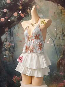 EgrlEra 彩色百合花印花亮片性感深V领露背系带无袖上衣，适合春夏秋季穿着。 - 彩色 - 查看 5