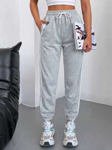 SHEIN Cottnline 95% Cotton Contrast Tape Drawstring Waist Slant Pocket Sweatpants - Grey - View 5